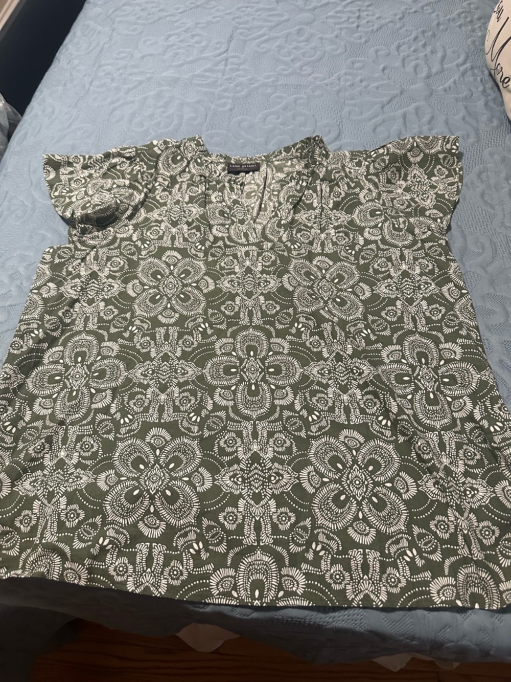 Lane Bryant Olive Green & White Printed Flutter Sleeve Top